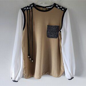 MAXMARA | Silk Blouse Patchwork Pocket Beige White Black Sz M